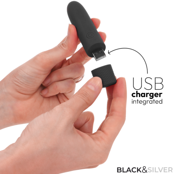 Black & Silver - Geri Bala Vibradora Recargable Por Usb 8 Vibraciones Negro 10 X 2.2 Cm - Imagen 3